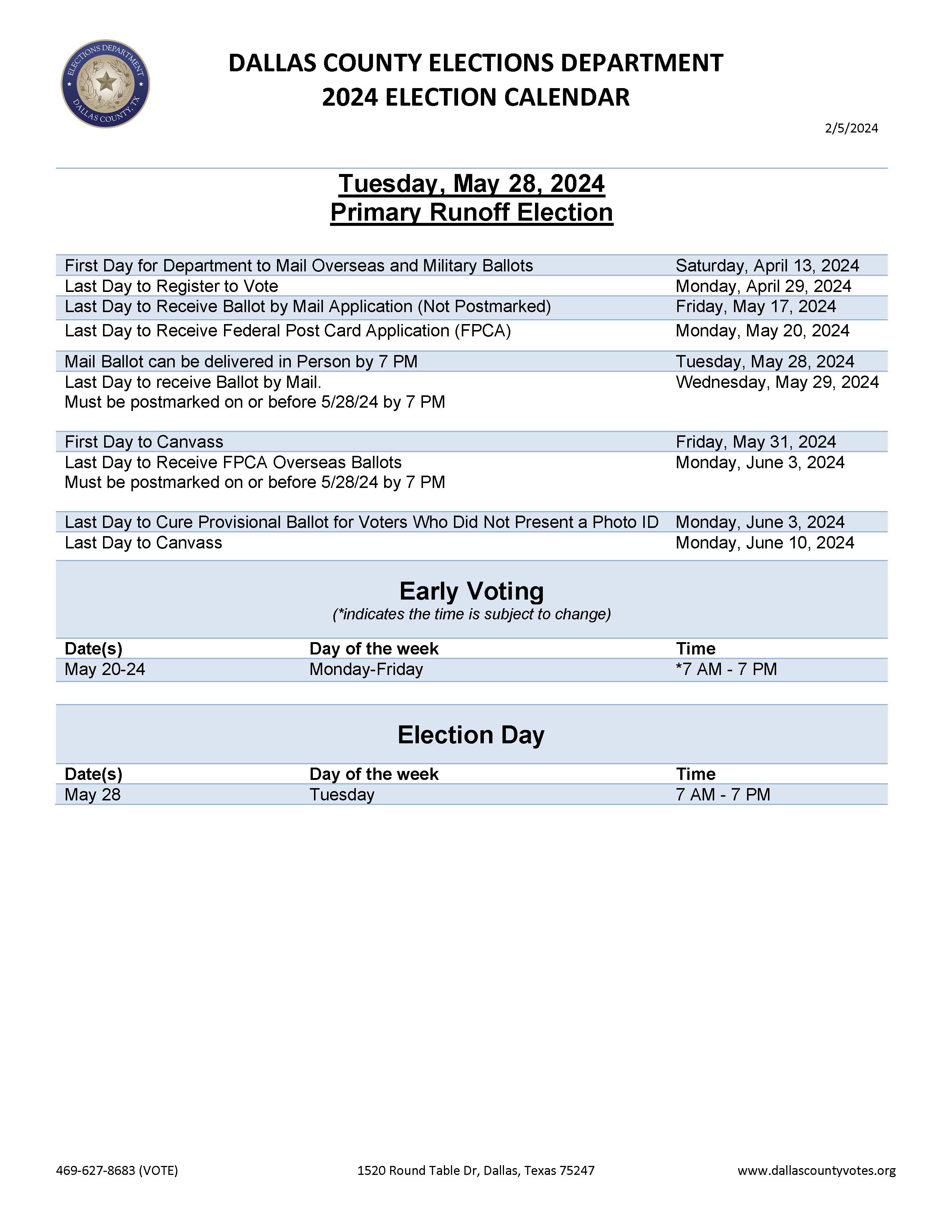 May Run-Off Voting schedule 