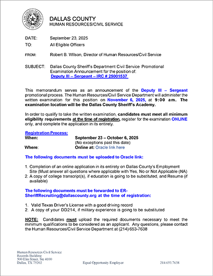 Deputy Sgt III Exam Announcement