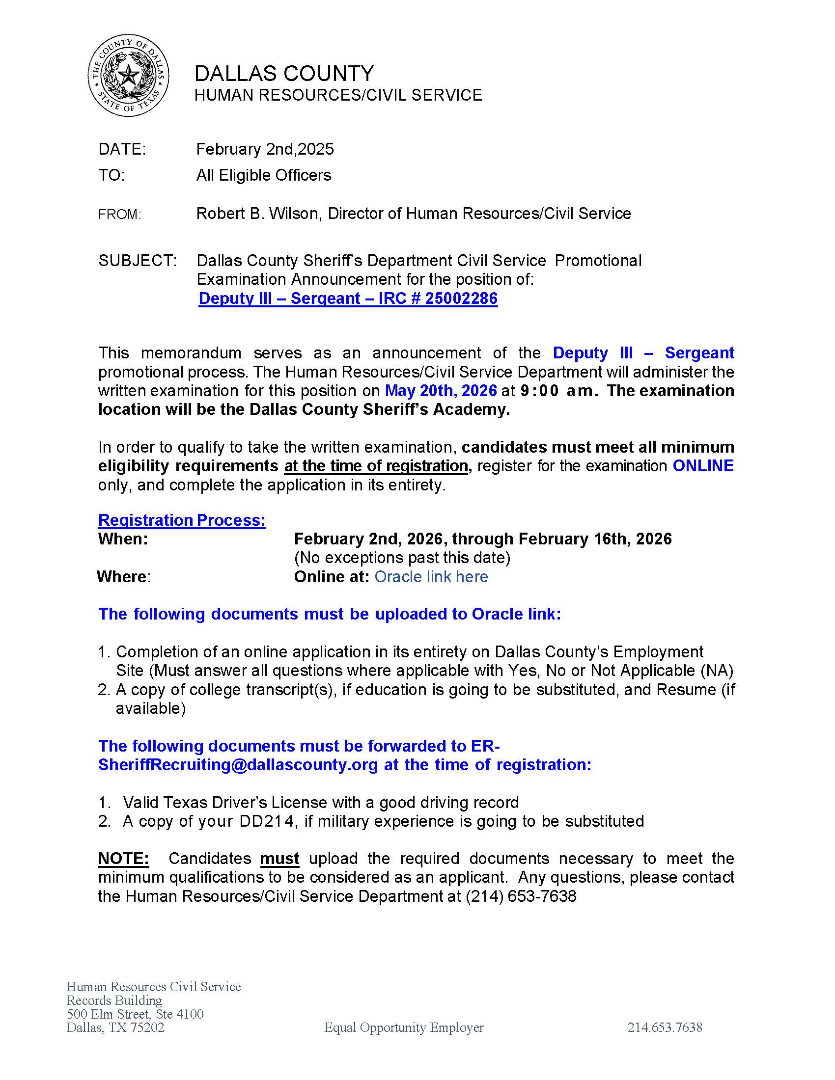 Deputy Sgt III Exam Announcement