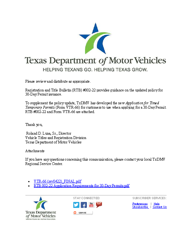 TXDMV provides guidance on the updated policy for 30-Day Permit issuance!